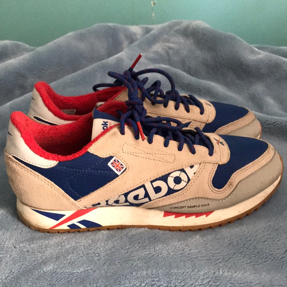 Men’s tan and blue suede Reebok classics